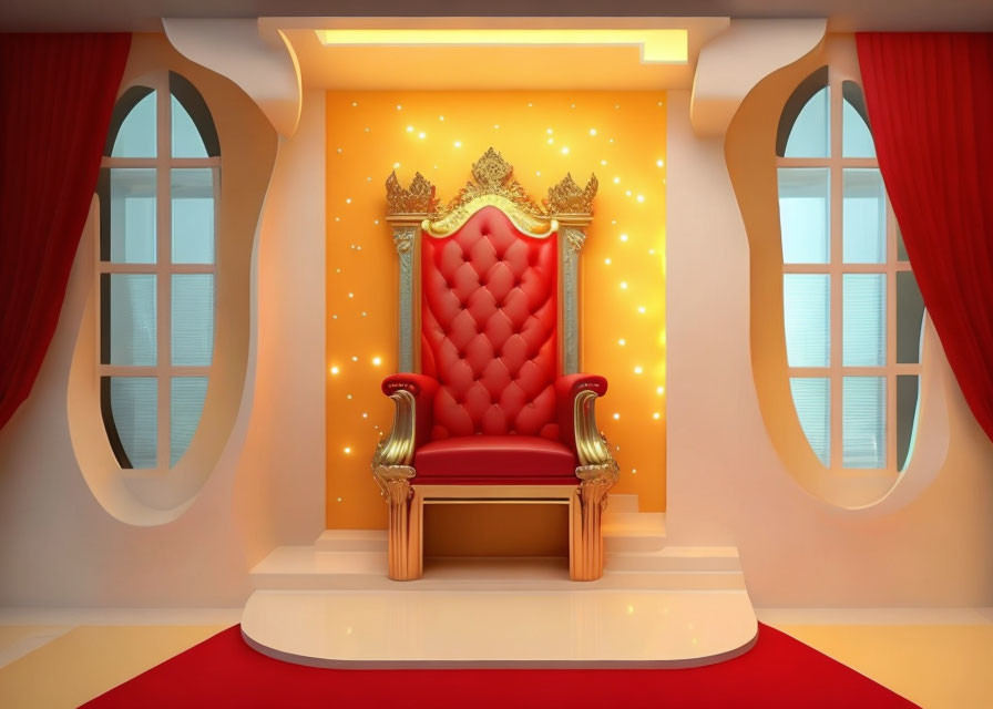 Luxurious Red Throne on Raised Platform with Golden Accents in Cream Room