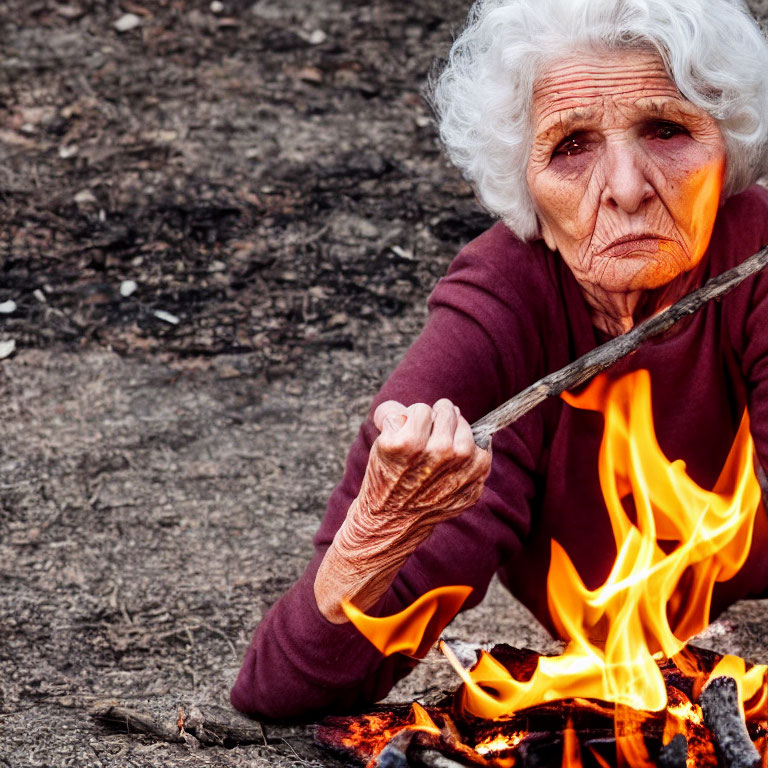 Elderly woman with white hair by campfire in deep thought