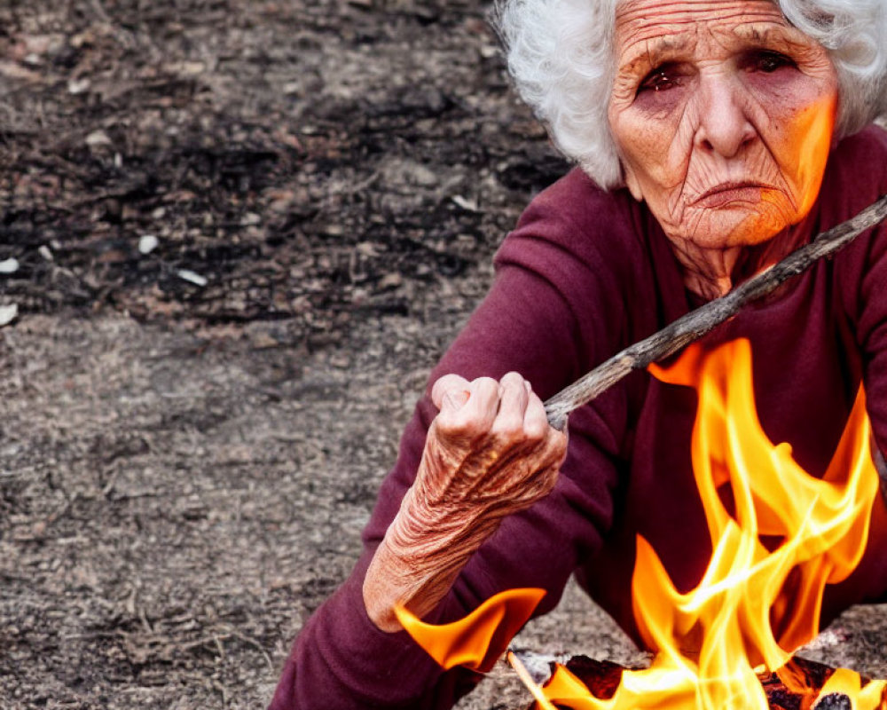 Elderly woman with white hair by campfire in deep thought