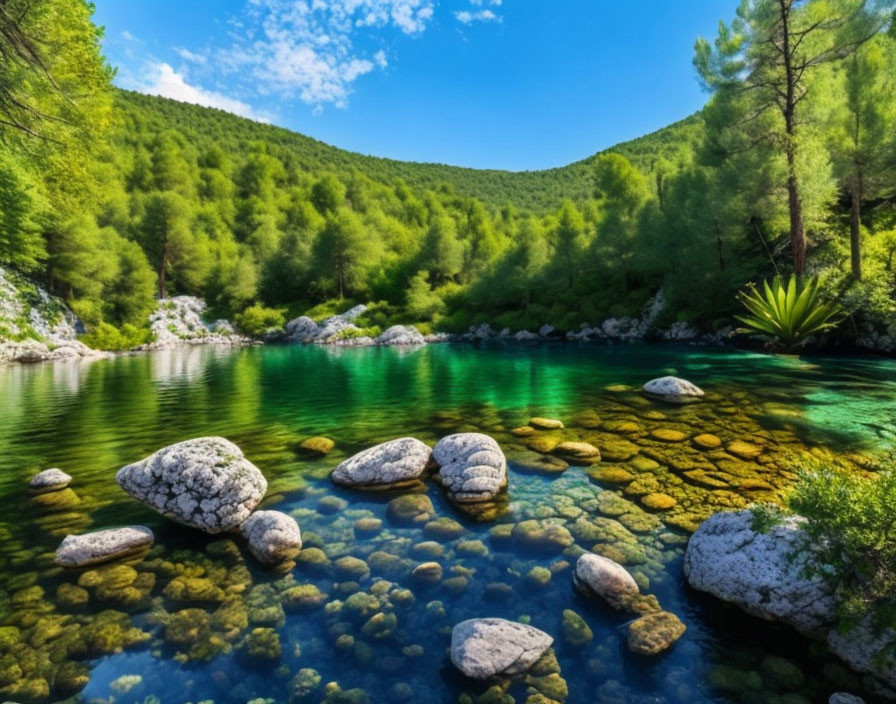 Serene Landscape with Turquoise Lake and Forests