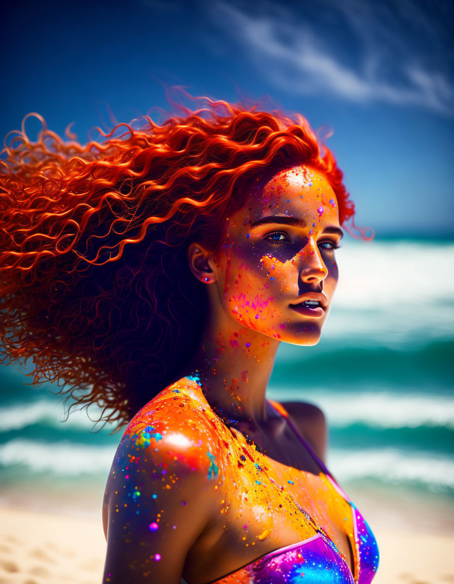 Vibrant red-haired woman with colorful face paint against blue sky and waves