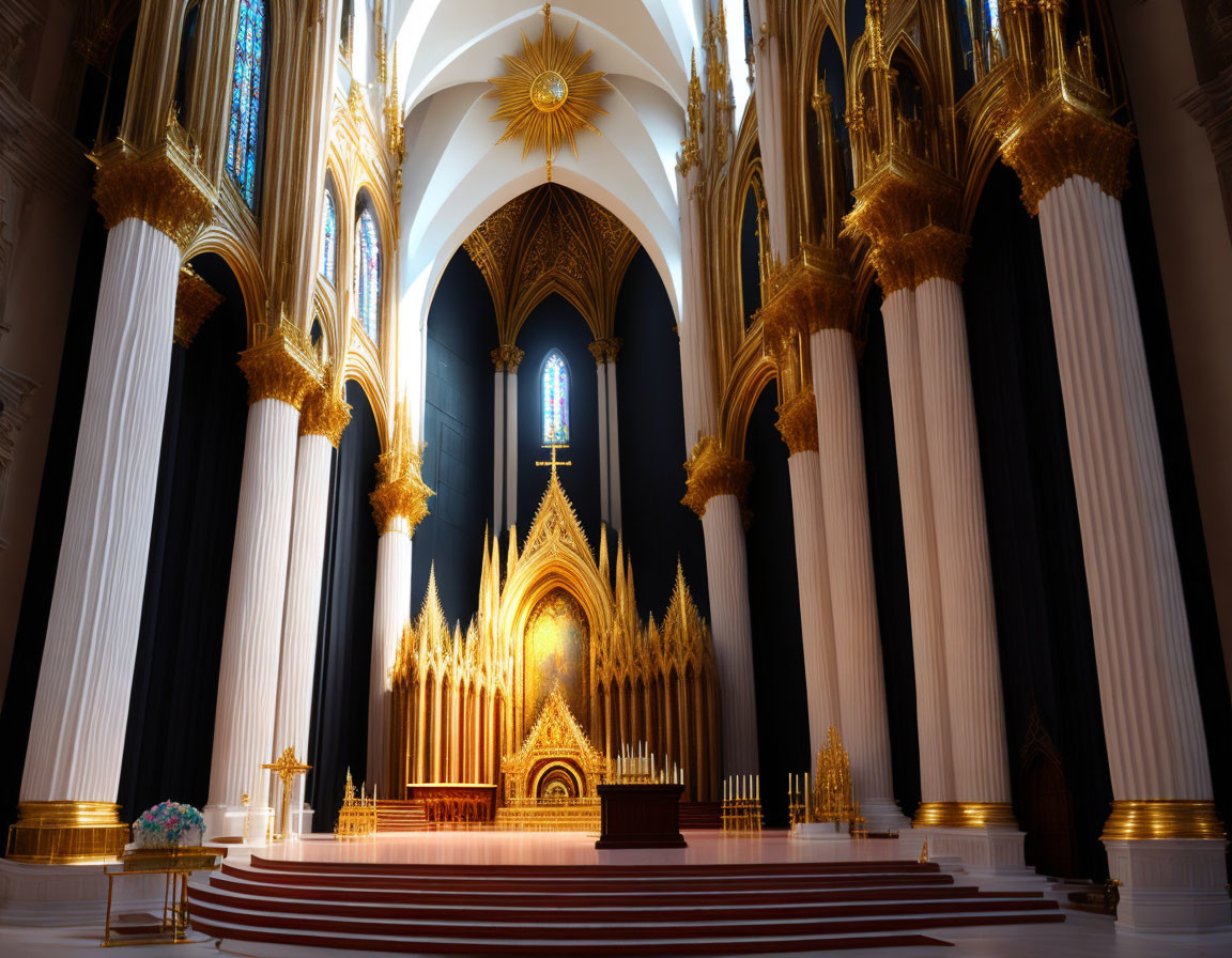 Cathedral interior with white columns, golden altar, stained glass windows