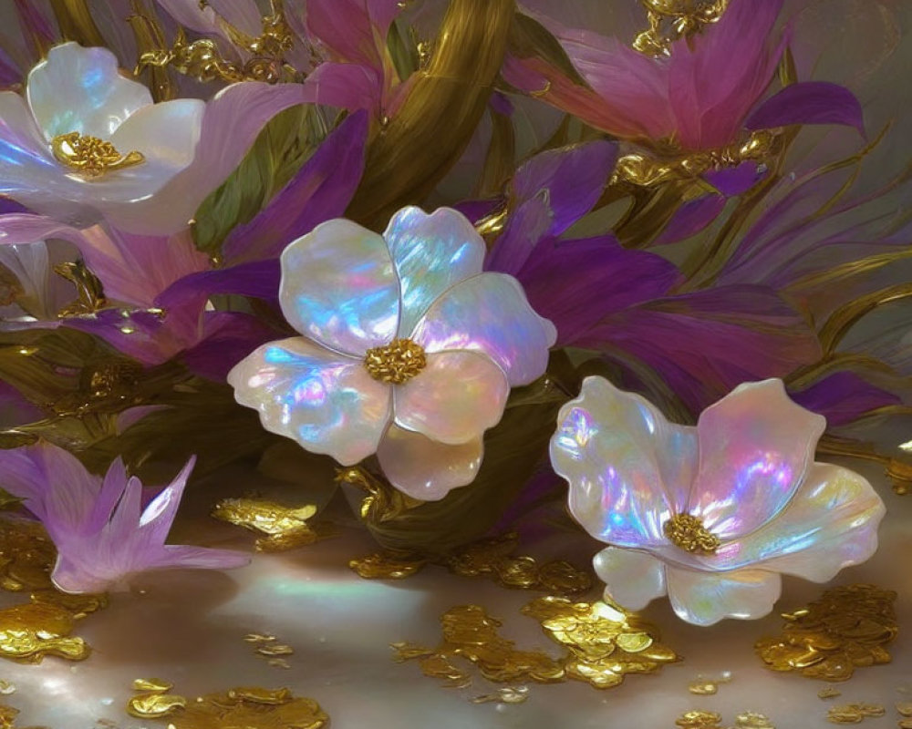 Iridescent white and purple flowers on gold-strewn branches