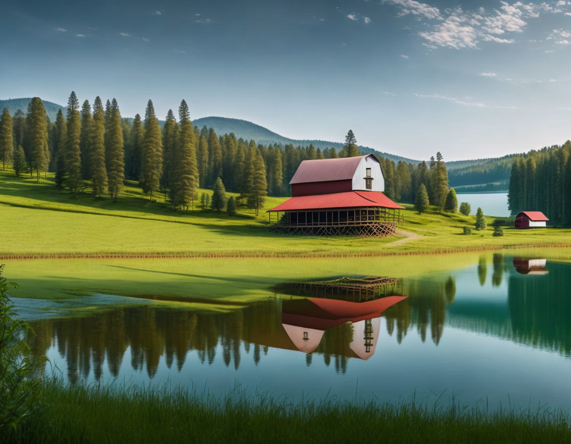 Tranquil Landscape: Red-Roofed Barn, Calm Lake, Green Fields