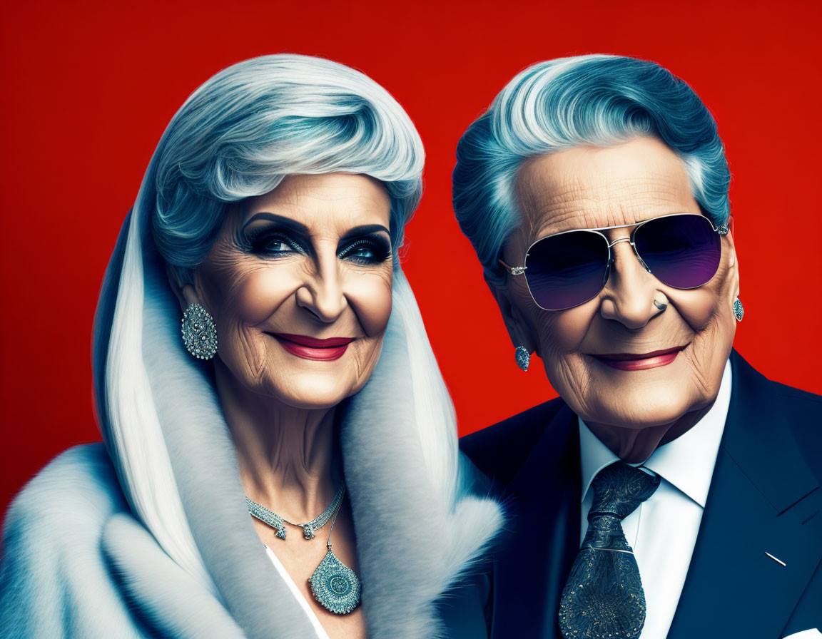 Elderly stylish couple in fur wrap and suit with sunglasses on red background