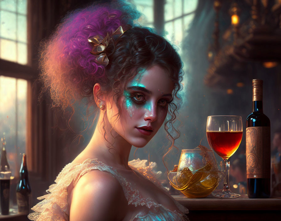 Vibrant purple hair woman with fantasy makeup in dim tavern setting