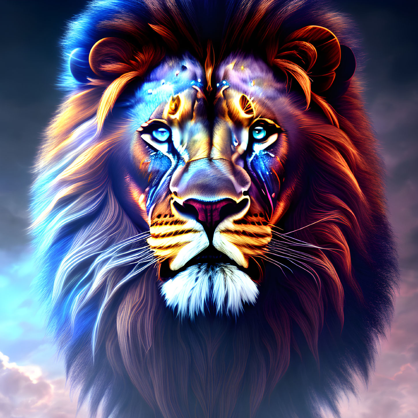 Colorful Lion Face Artwork with Blue and Orange Palette