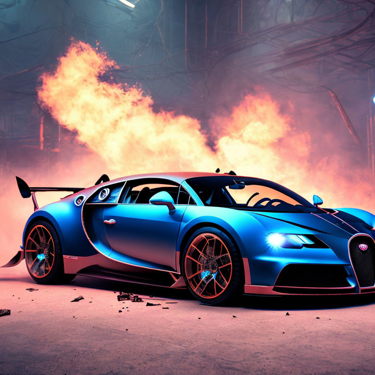 Blue Bugatti sports car with black accents and red brake calipers in industrial setting.