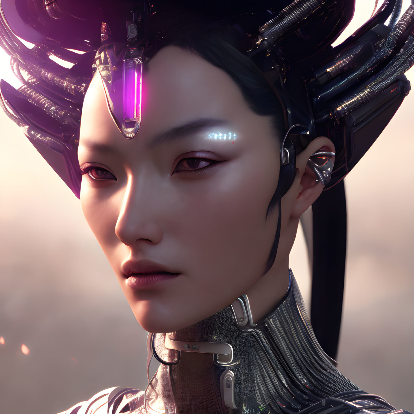 Female android with intricate cybernetic enhancements and glowing elements in close-up view