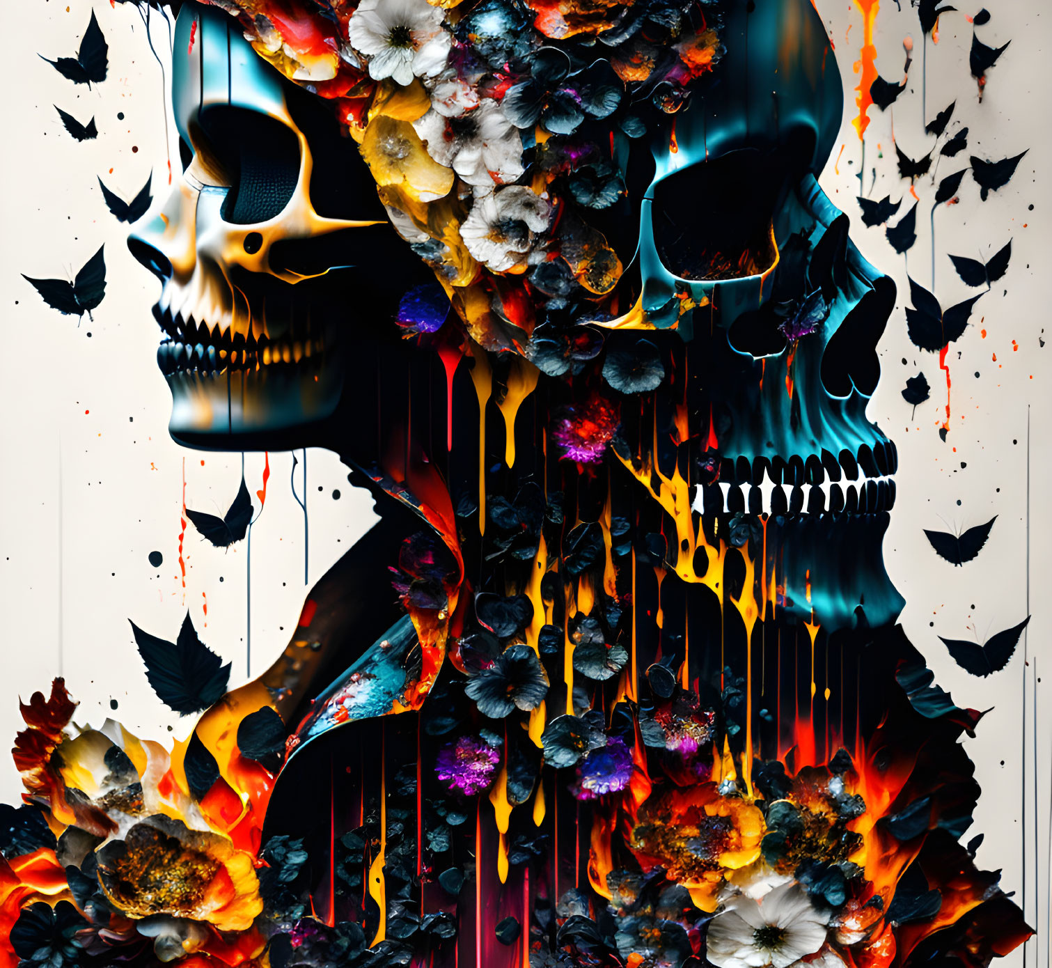 Colorful skull art with melting effects and splattered paint