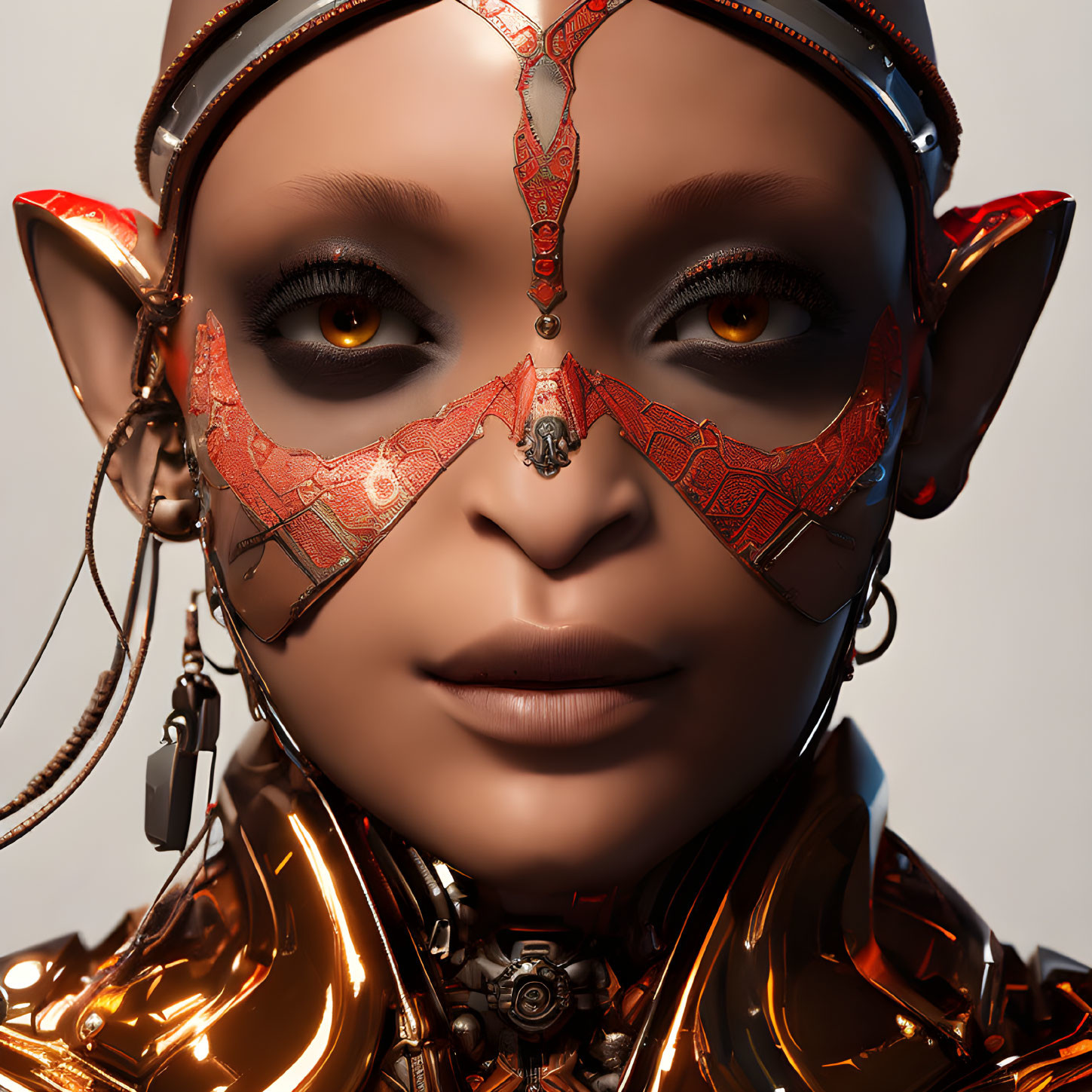 Character with stylized feline features in red futuristic mask and glossy armor.