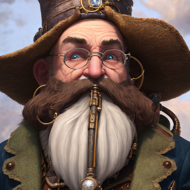 Detailed 3D illustration of whimsical elderly man with white beard, spectacles, monocle,