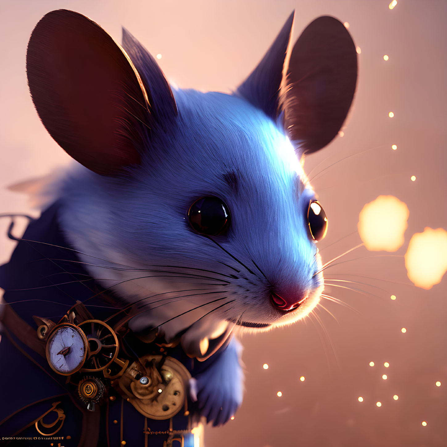 Anthropomorphic blue mouse in Steampunk outfit on bokeh background