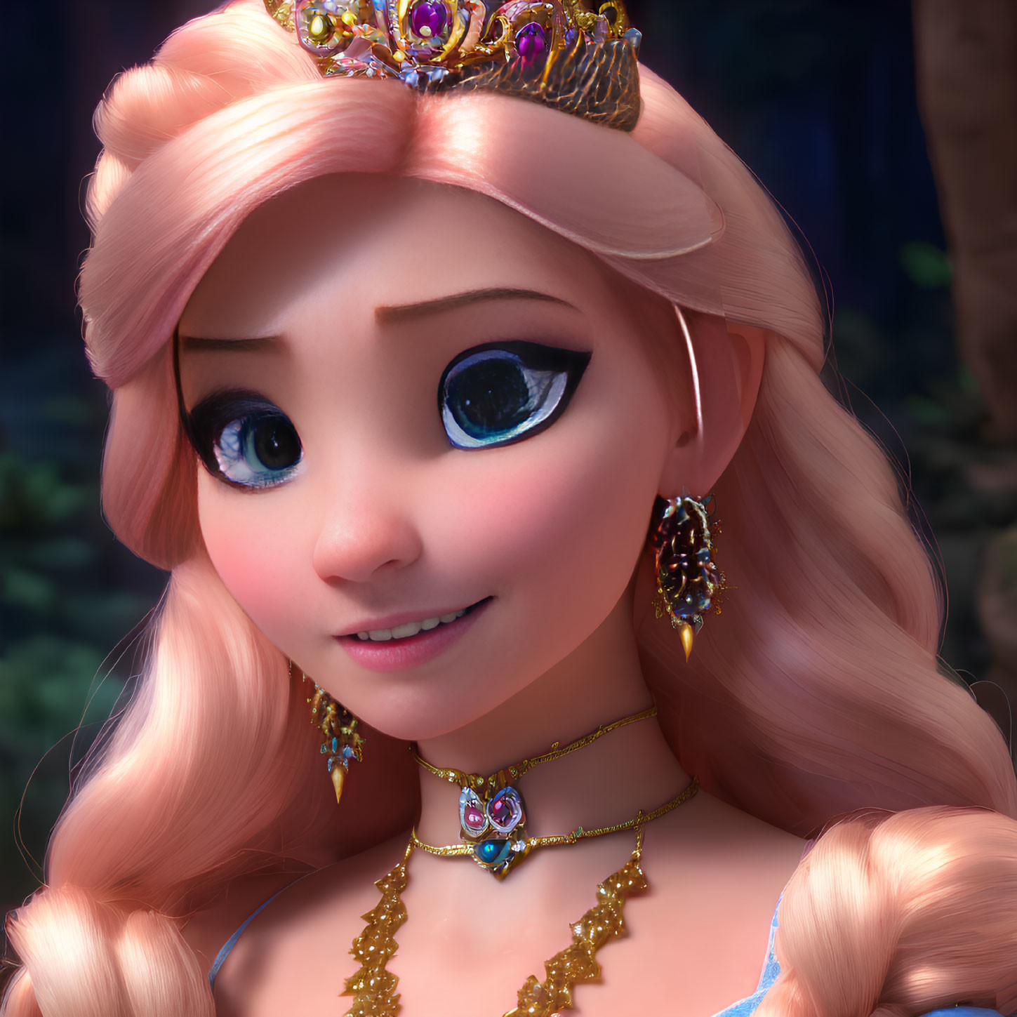 Animated princess with blue eyes, pink hair, and regal crown in dark forest.