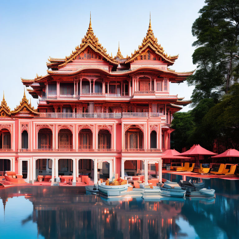 Traditional pink and gold building reflected in calm waters with colorful umbrellas.