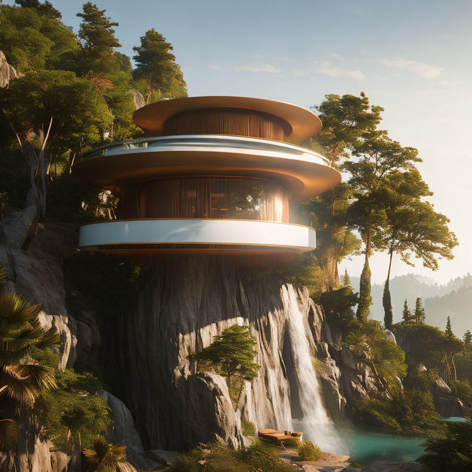 Circular futuristic multi-story house on cliff with waterfall and pool