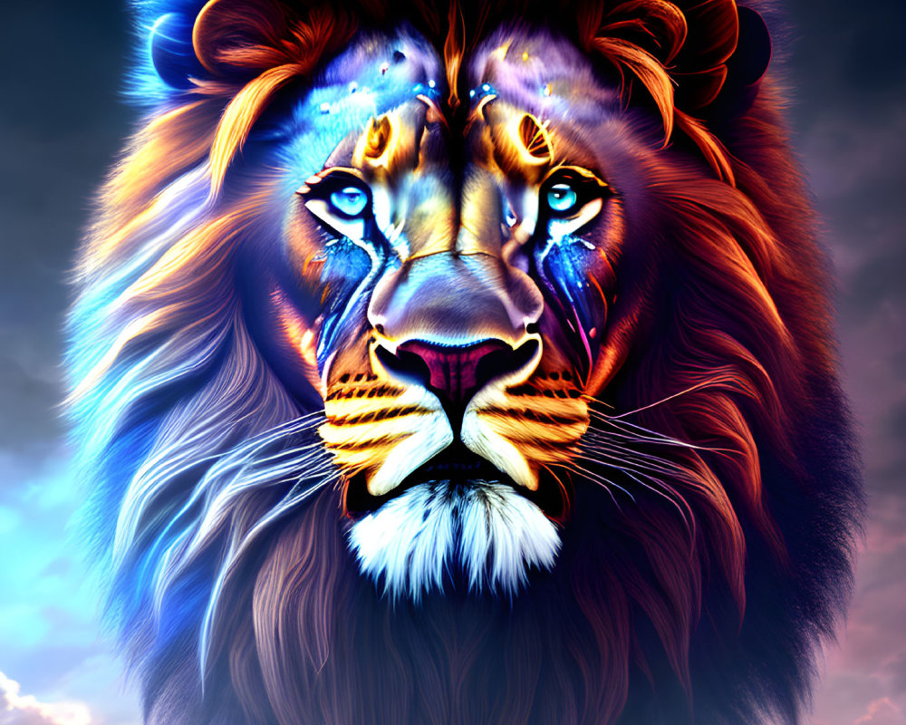 Colorful Lion Face Artwork with Blue and Orange Palette