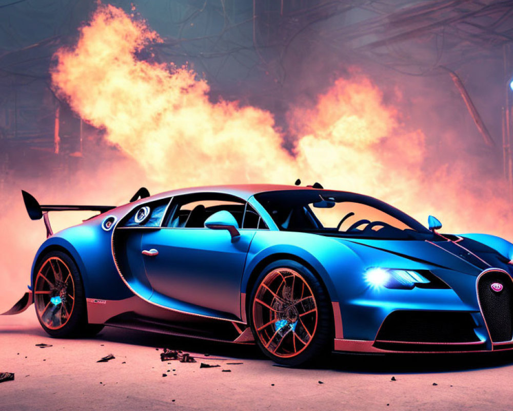 Blue Bugatti sports car with black accents and red brake calipers in industrial setting.