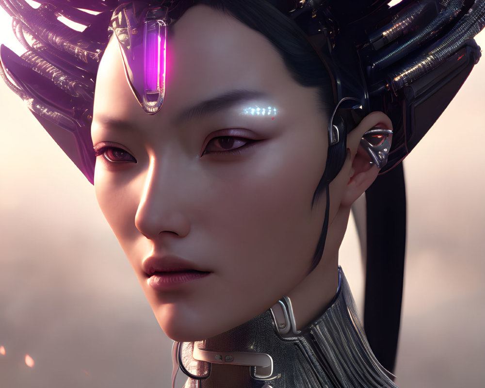 Female android with intricate cybernetic enhancements and glowing elements in close-up view