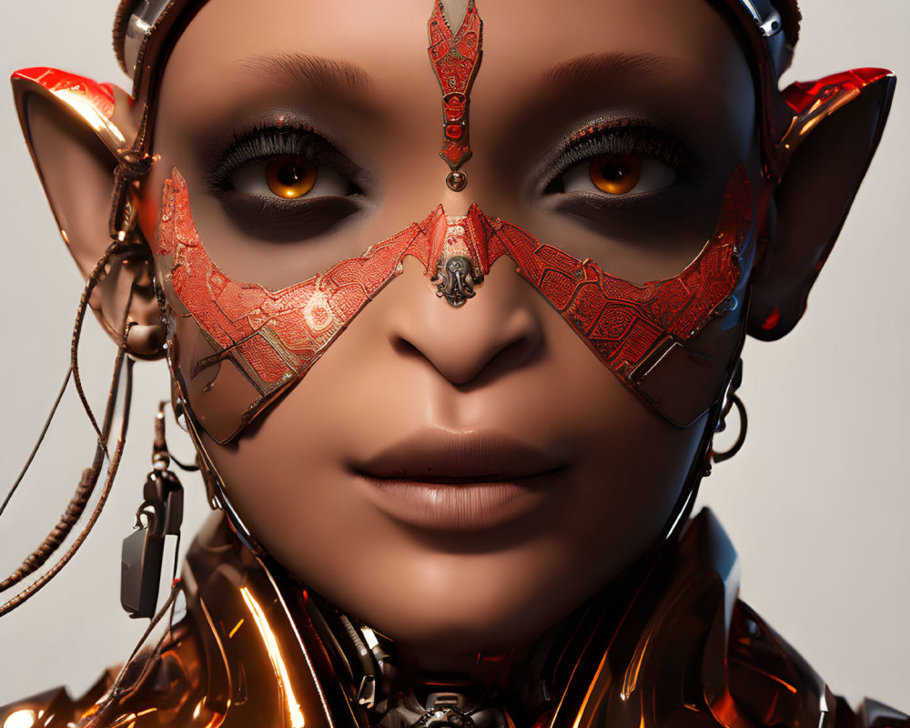 Character with stylized feline features in red futuristic mask and glossy armor.