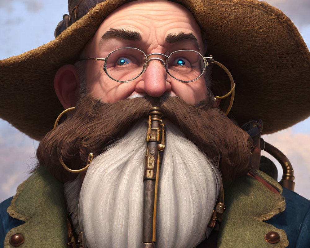 Detailed 3D illustration of whimsical elderly man with white beard, spectacles, monocle,