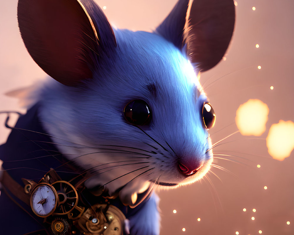 Anthropomorphic blue mouse in Steampunk outfit on bokeh background