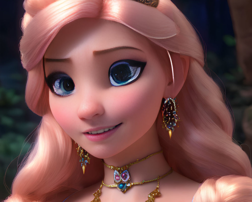 Animated princess with blue eyes, pink hair, and regal crown in dark forest.