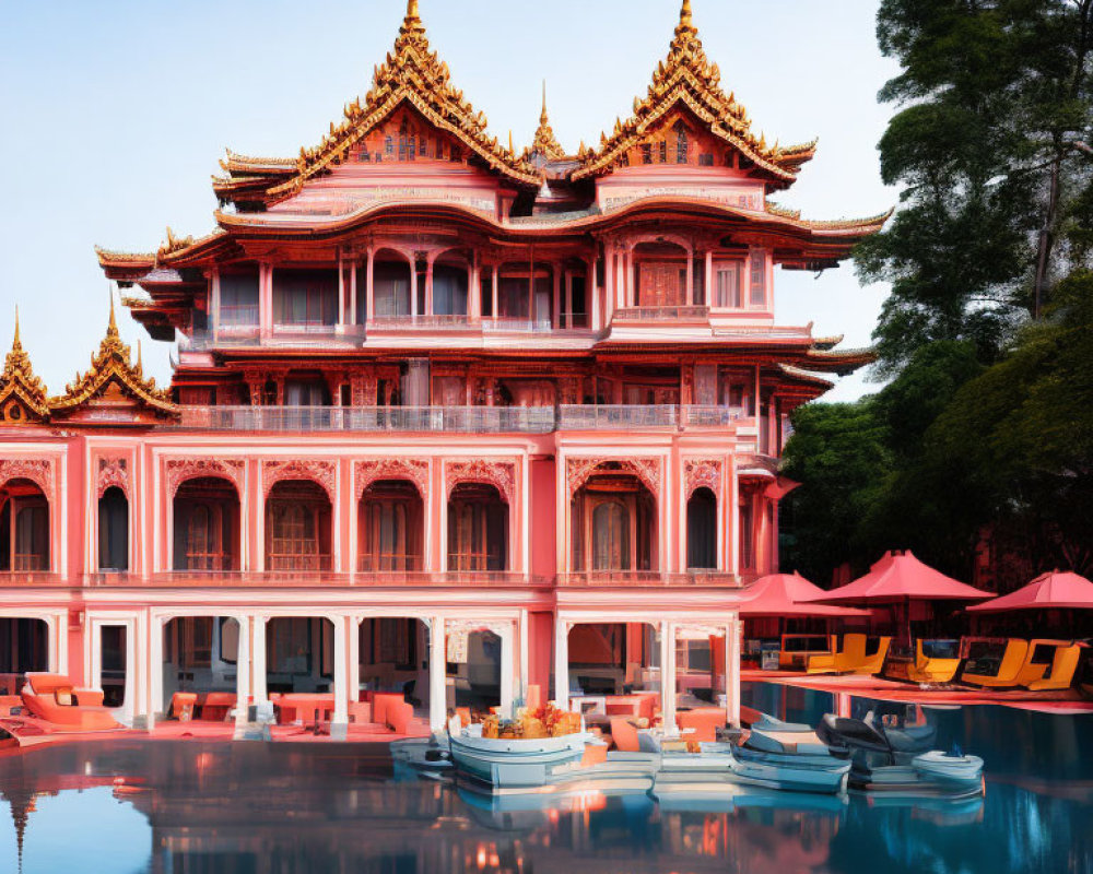 Traditional pink and gold building reflected in calm waters with colorful umbrellas.