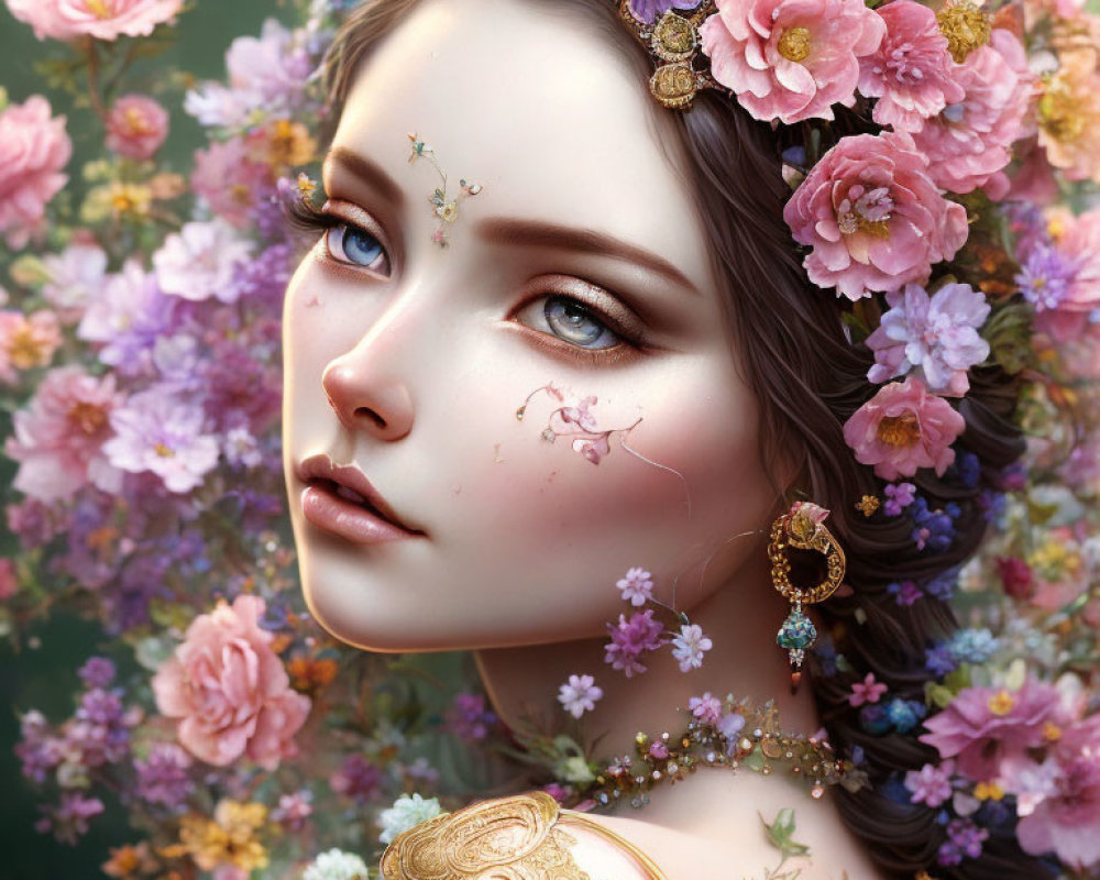 Portrait of Woman with Flowers and Jewelry on Floral Background