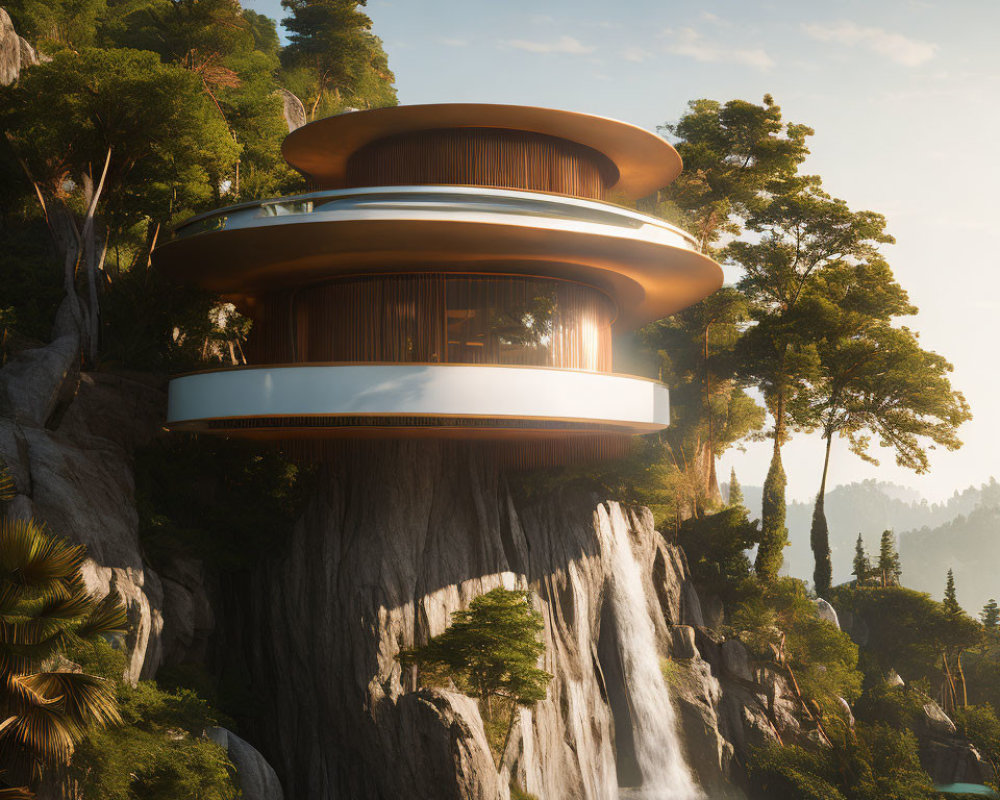 Circular futuristic multi-story house on cliff with waterfall and pool