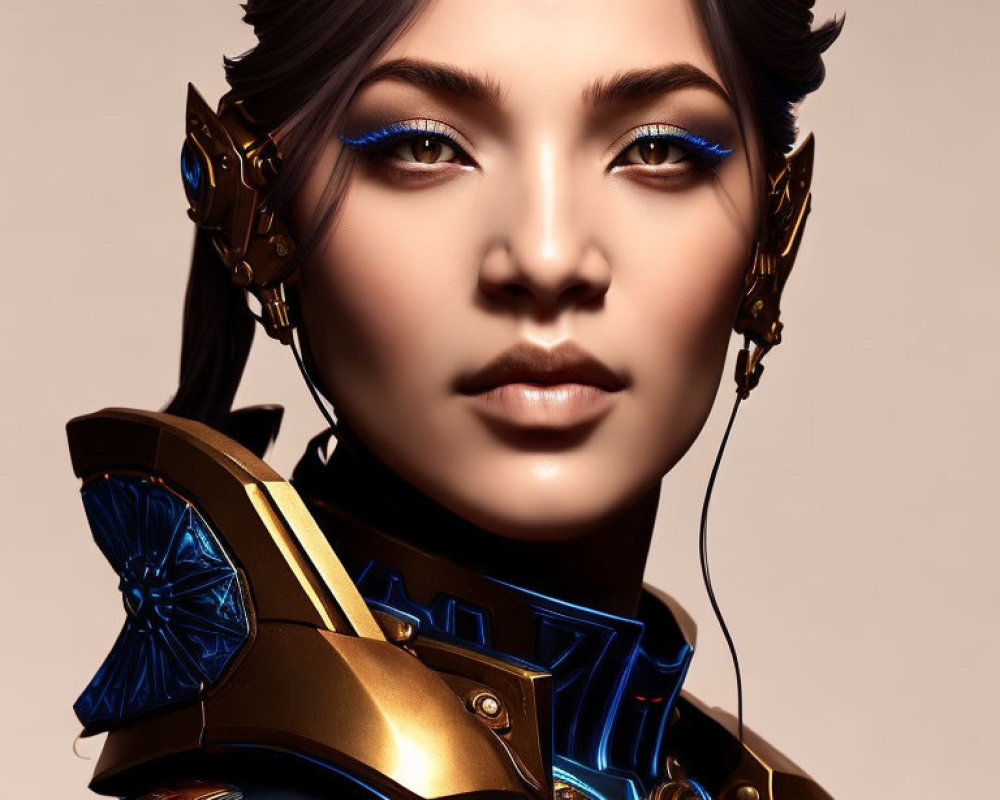 Digital Artwork: Woman with Futuristic Golden Crown and Blue Glowing Eye Makeup