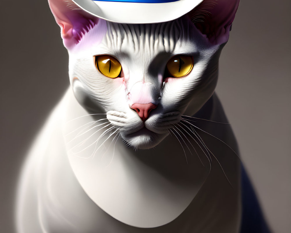 White Cat with Yellow Eyes in Blue Hat on Gray Background