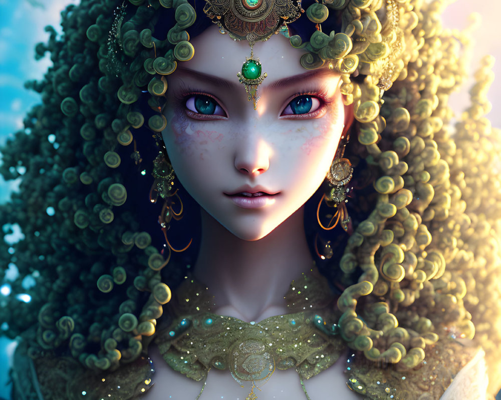 Fantastical female character with golden jewelry and red eyes on blue sky