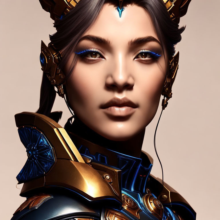 Digital Artwork: Woman with Futuristic Golden Crown and Blue Glowing Eye Makeup