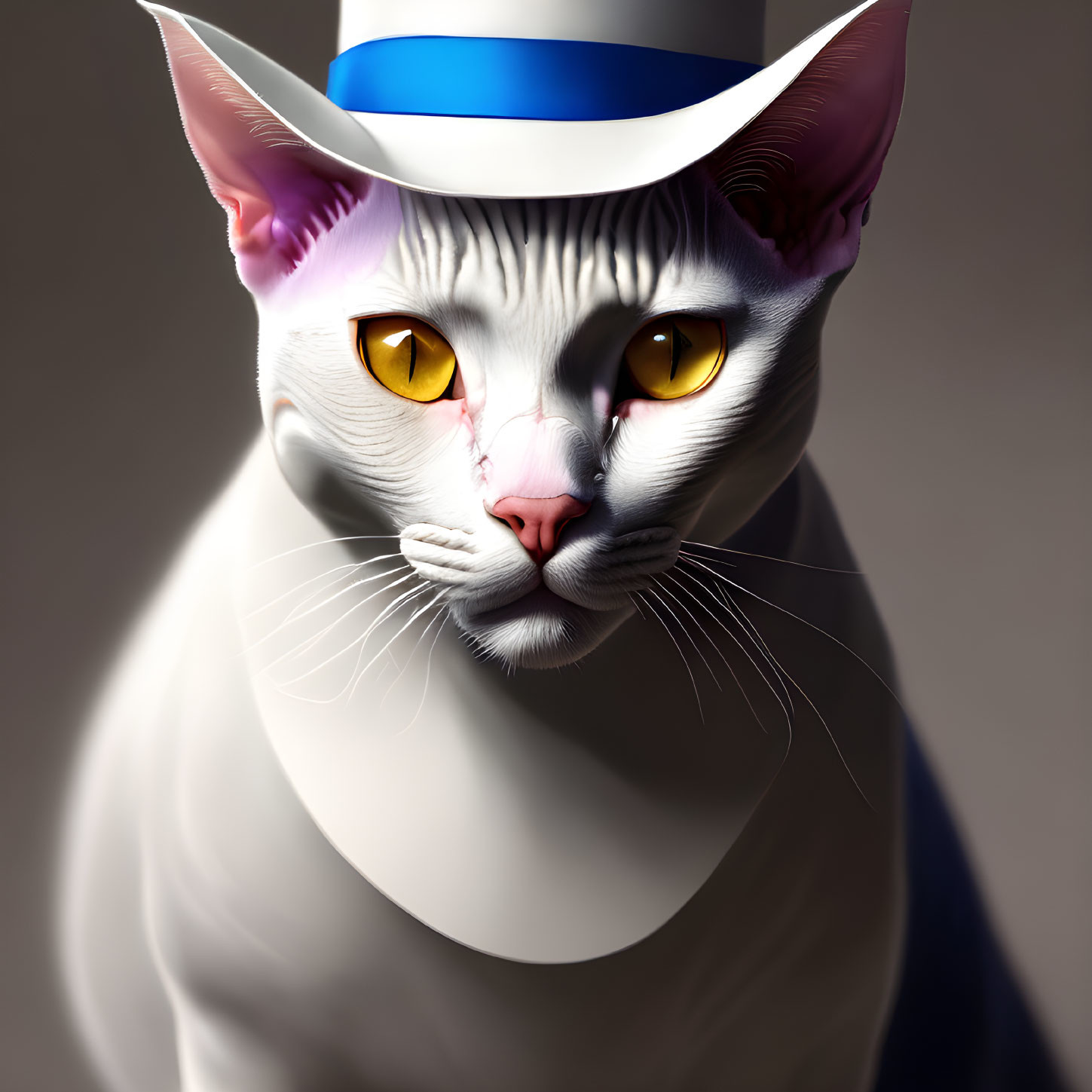 White Cat with Yellow Eyes in Blue Hat on Gray Background