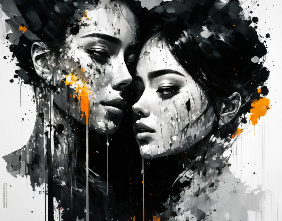 Grayscale painting of two women's faces with black and orange splatters