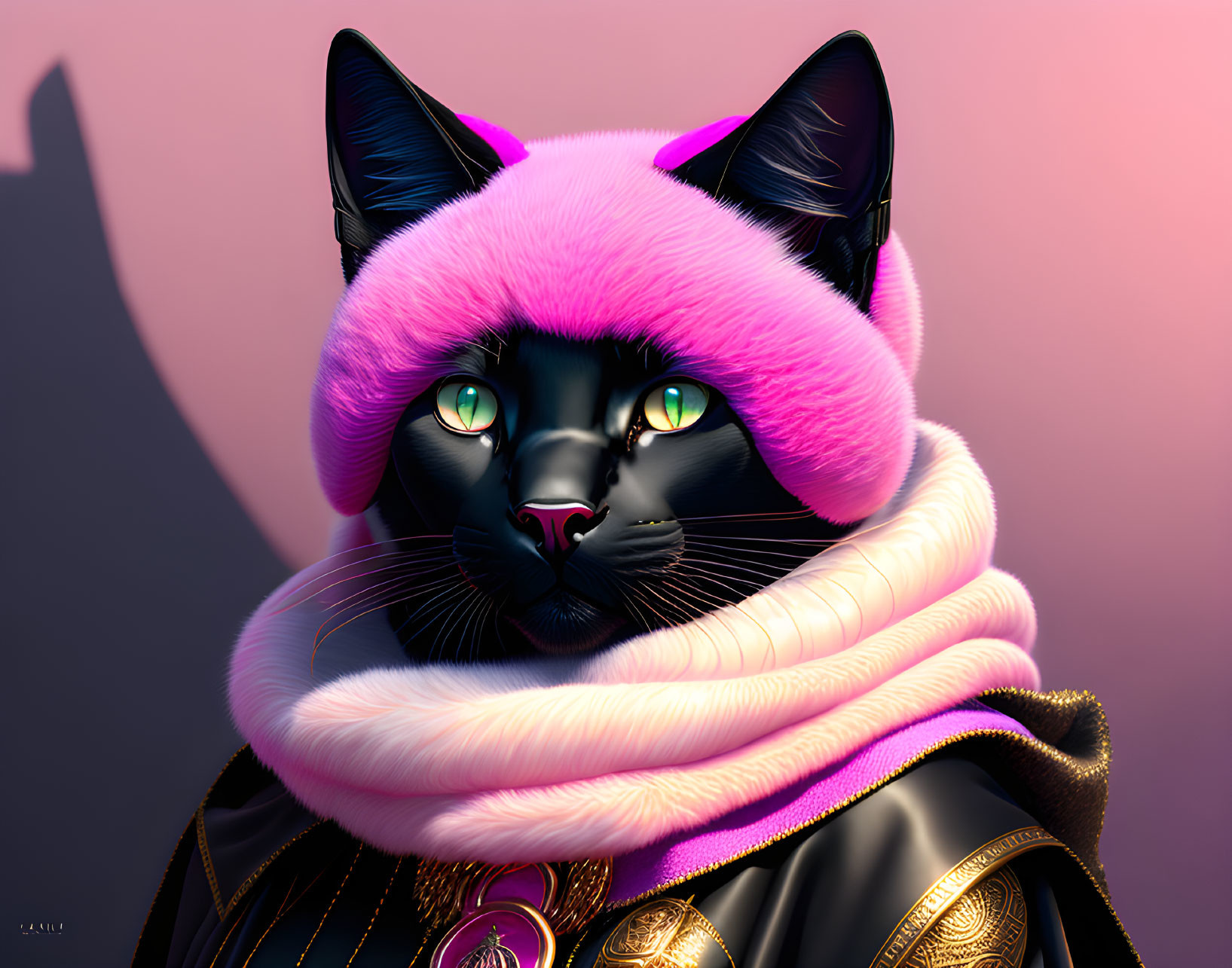 Digital Art: Stylized Black Cat with Green Eyes in Pink Hat and Scarf