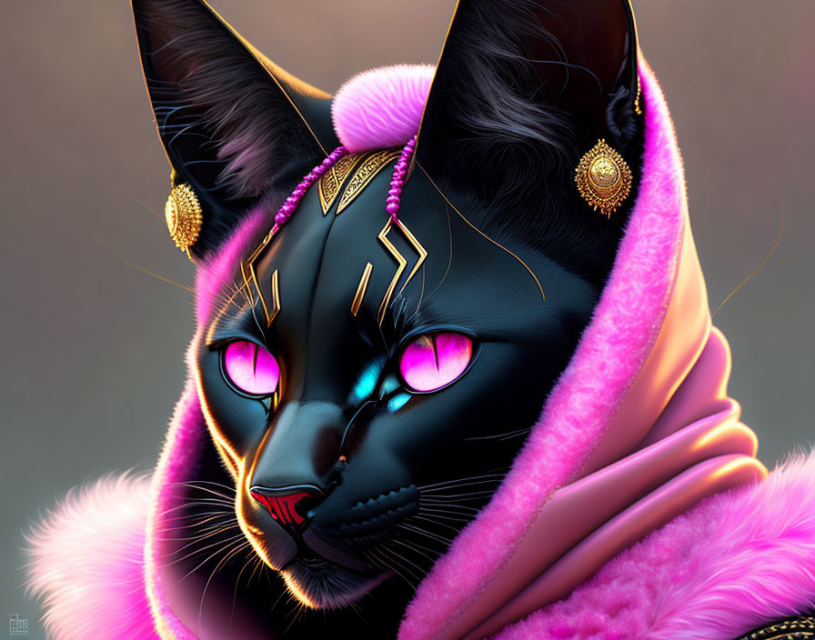 Stylized black cat digital artwork with blue eyes and golden jewelry