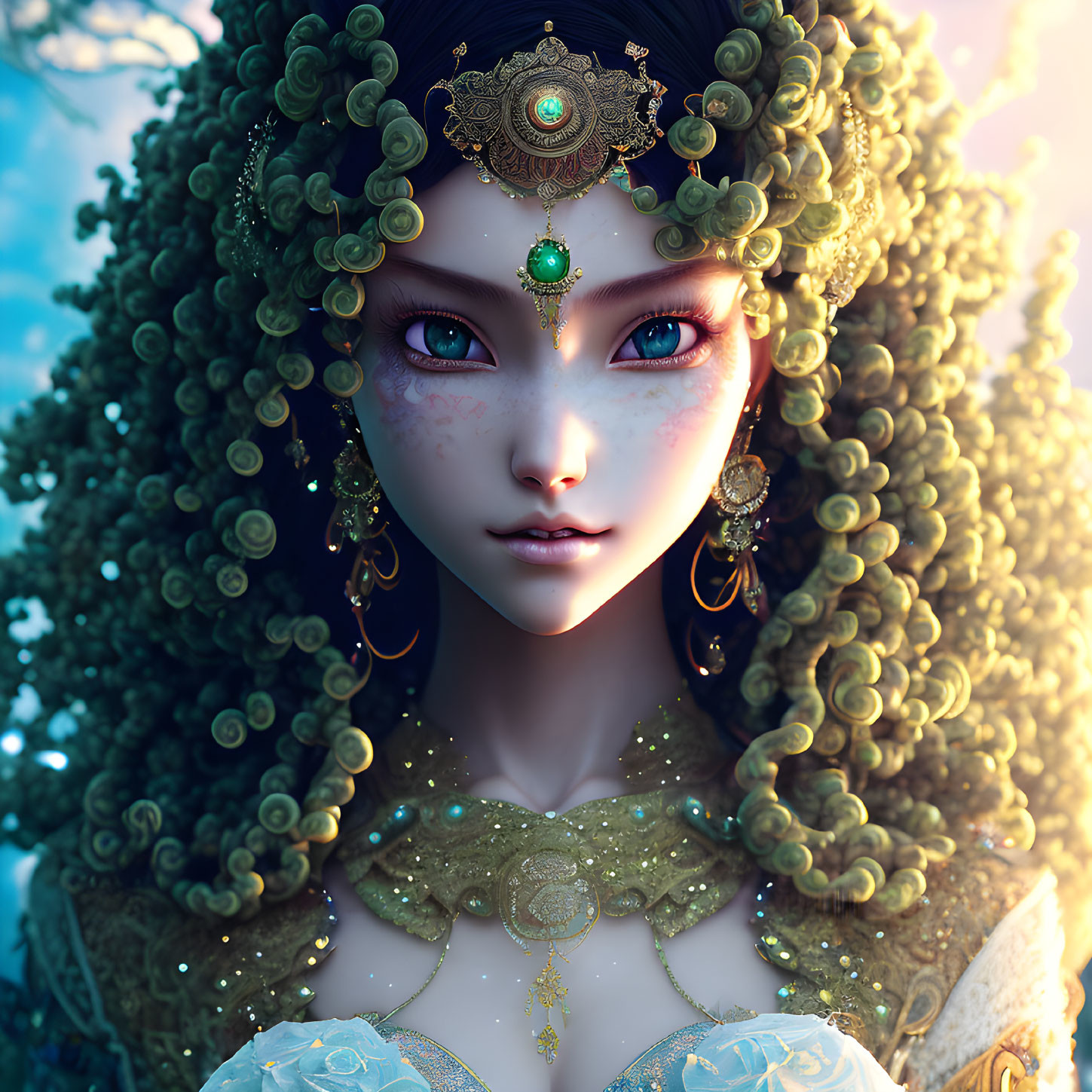 Fantastical female character with golden jewelry and red eyes on blue sky