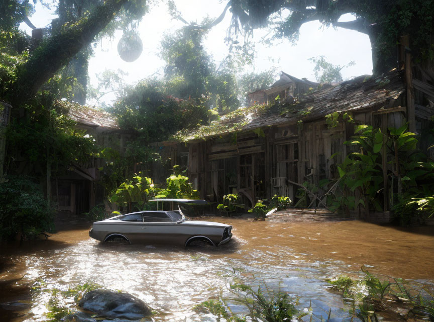 Abandoned car submerged in water next to dilapidated house in flooded forest