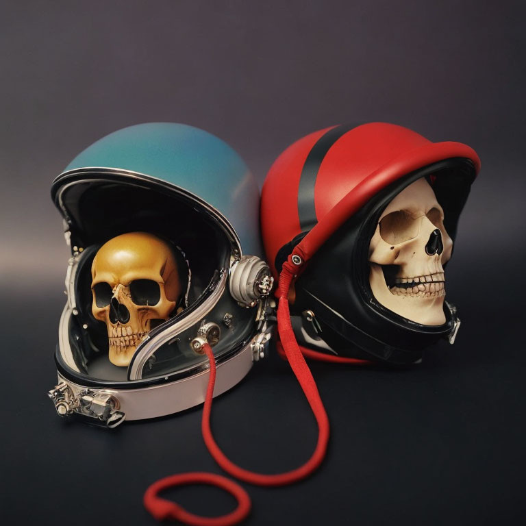 Two Skull Motorcycle Helmets: Turquoise & Black, Red & Black, Side by Side on Grey