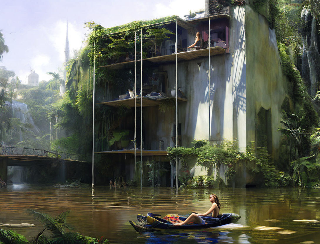 Person lounging on boat in lagoon with overgrown, tiered building in lush greenery