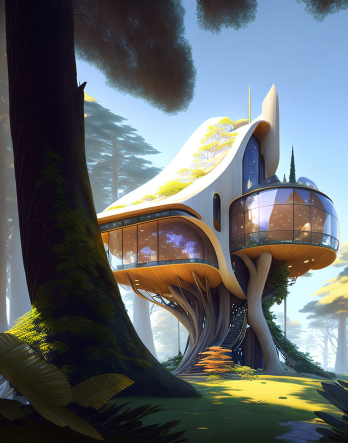 Sleek futuristic treehouse in sunlit forest with glass windows