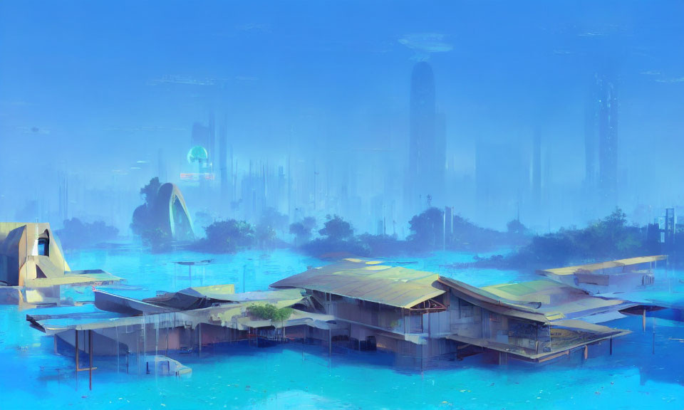 Submerged buildings in futuristic flooded cityscape.