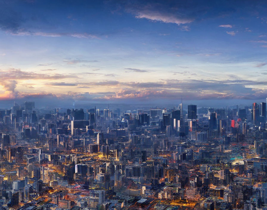 Vibrant cityscape at sunset with towering skyscrapers