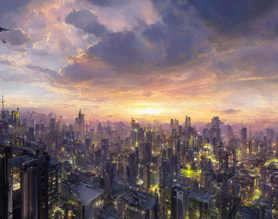 Futuristic city skyline at sunset with skyscrapers and vibrant sky