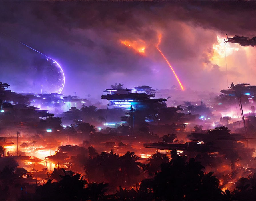 Vivid futuristic cityscape at night with explosions and colorful streaks in hazy sky