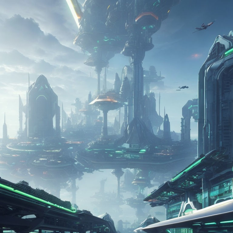 Futuristic cityscape with skyscrapers, flying vehicles, and serene color palette