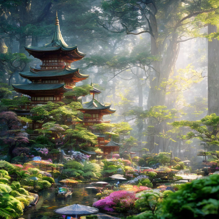 Japanese garden with pagoda, vibrant flora, tranquil pond in soft sunlight