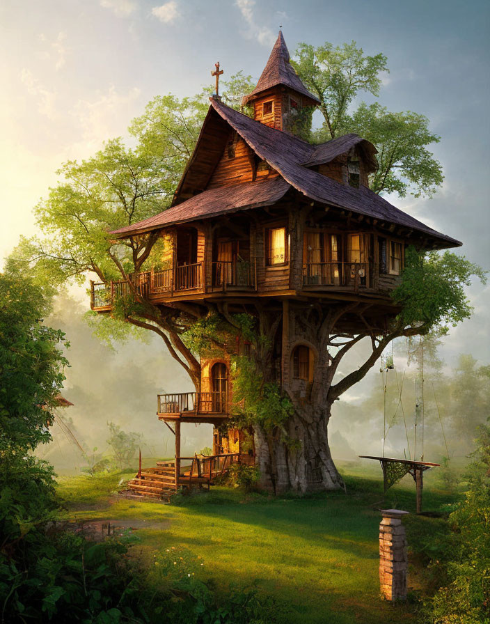 Wooden treehouse with balcony and cross in misty forest at sunset